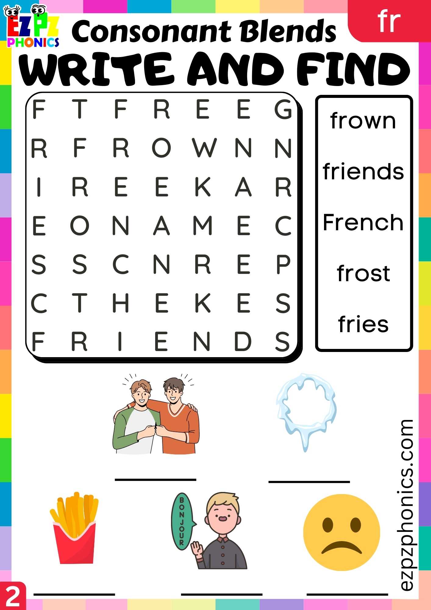 Group2 FR Words Write And Find Phonics Consonant Blends Worksheet